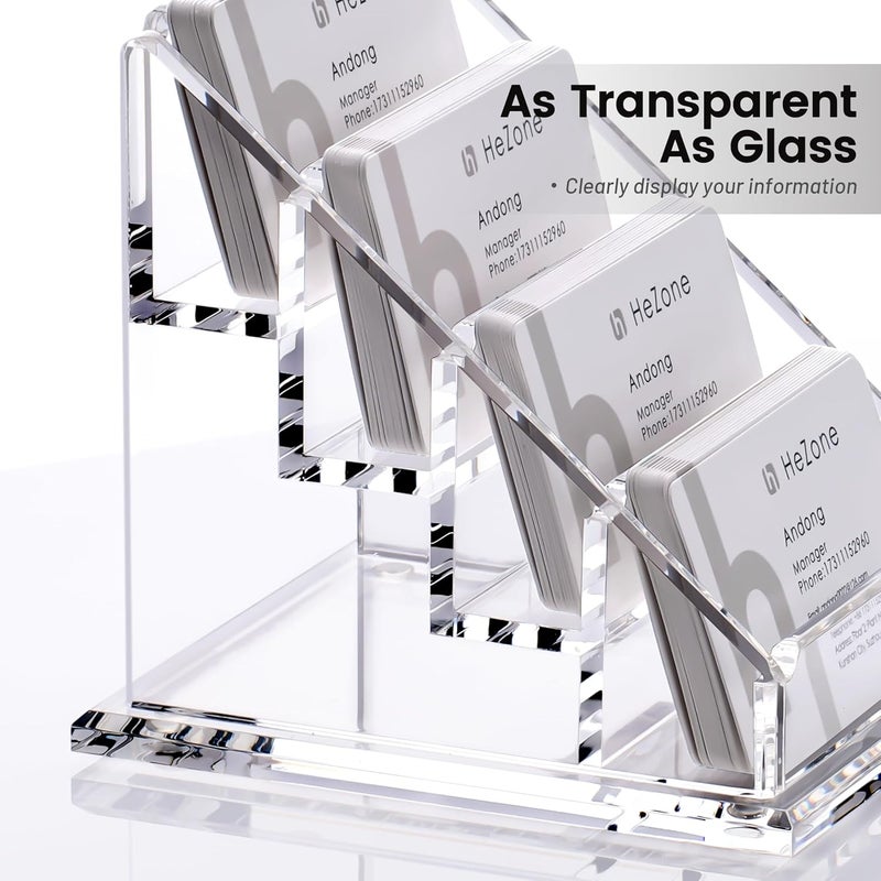 HeZone Acrylic Card Holder Clear Horizontal Business Card Organizer Stand for Desk 4 Slots 4 Tier Business Cards Stand for Women and Men,Office Desk Accessories,Organize 200 Cards-1 Pack(4Slots-H) - Image 3